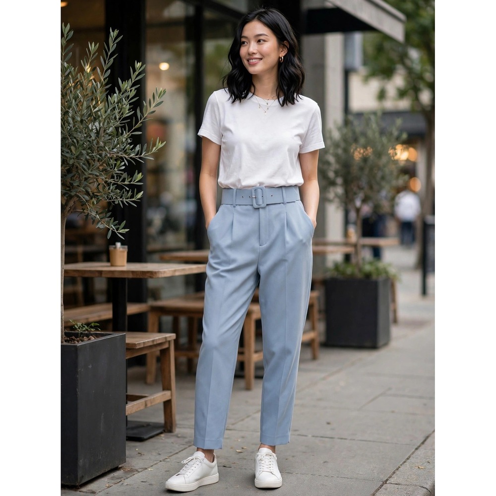 Zara Womens High Waisted Belted Tapered Trousers Light Blue Size S Pleated Pants